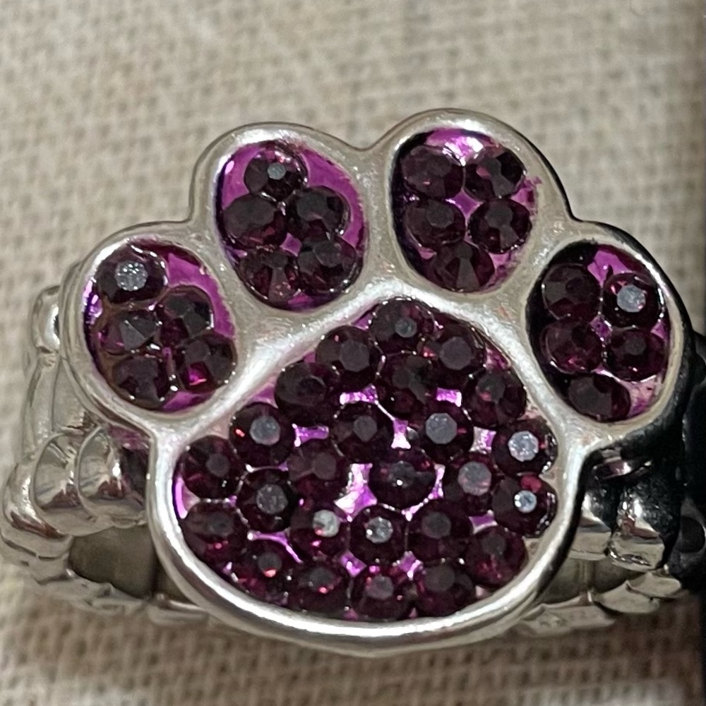 💜Purple Crystal Paw Print Stretch Silver Ring